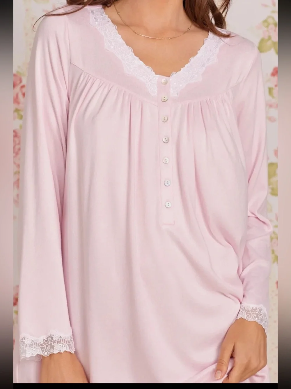 Eileen West Lace Trim Sweater Knit Ballet Nightgown Pink Size S Cottage Grandma